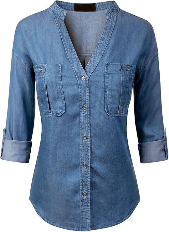 MixMatchy Women's Casual Basic Roll Up Sleeve Denim Chambray V-Neck Tencel Button Down Shirt | Amazon (US)