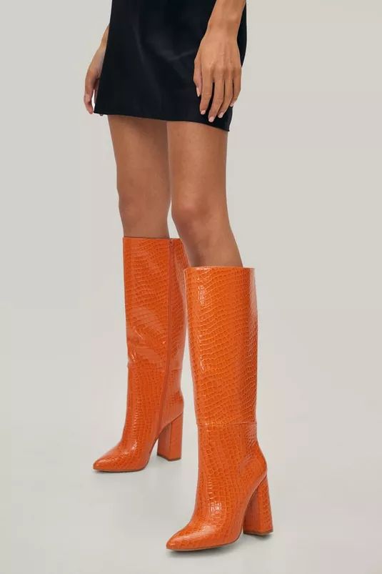 Faux Leather Croc Embossed Knee High Boots | Nasty Gal (US)