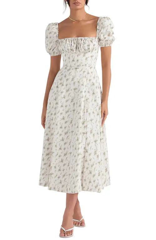 HOUSE OF CB Tallulah Puff Sleeve Midi Dress in Garden Print at Nordstrom, Size Medium | Nordstrom