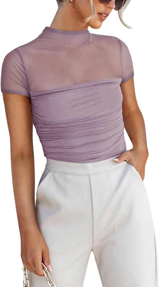 REORIA Women's Sexy Mock Turtle Neck Short Sleeve Shirts Sheer Mesh Ruched Trendy Going Out Bodys... | Amazon (US)