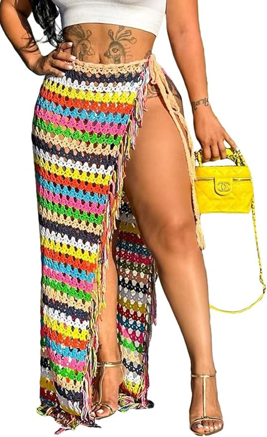 Mintsnow Women Sexy Tassel High Slit Crochet Sarongs Wrap Coverup Summer Knit See Through Maxi Sk... | Amazon (US)