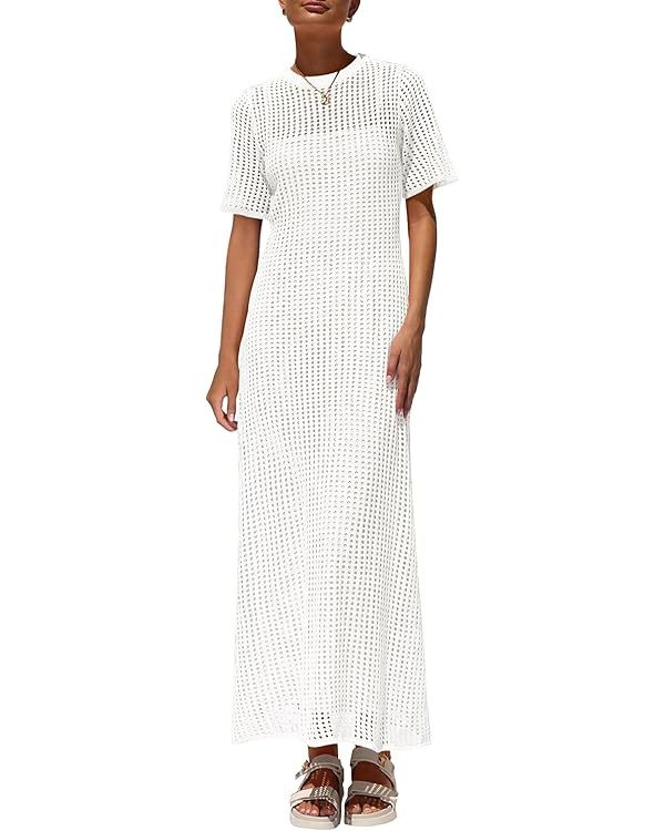 PRETTYGARDEN Womens Eyelet Cover Up Dress 2025 Summer Vacation Resort Maxi Dresses Beach Short Sl... | Amazon (US)