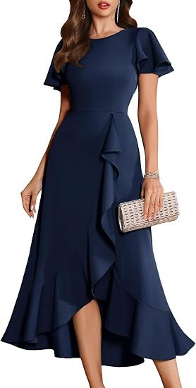 BeryLove Women Formal Flutter Sleeve Wedding Guest Cocktail Long Dress | Flowy Ruffle Hem, Midi L... | Amazon (US)