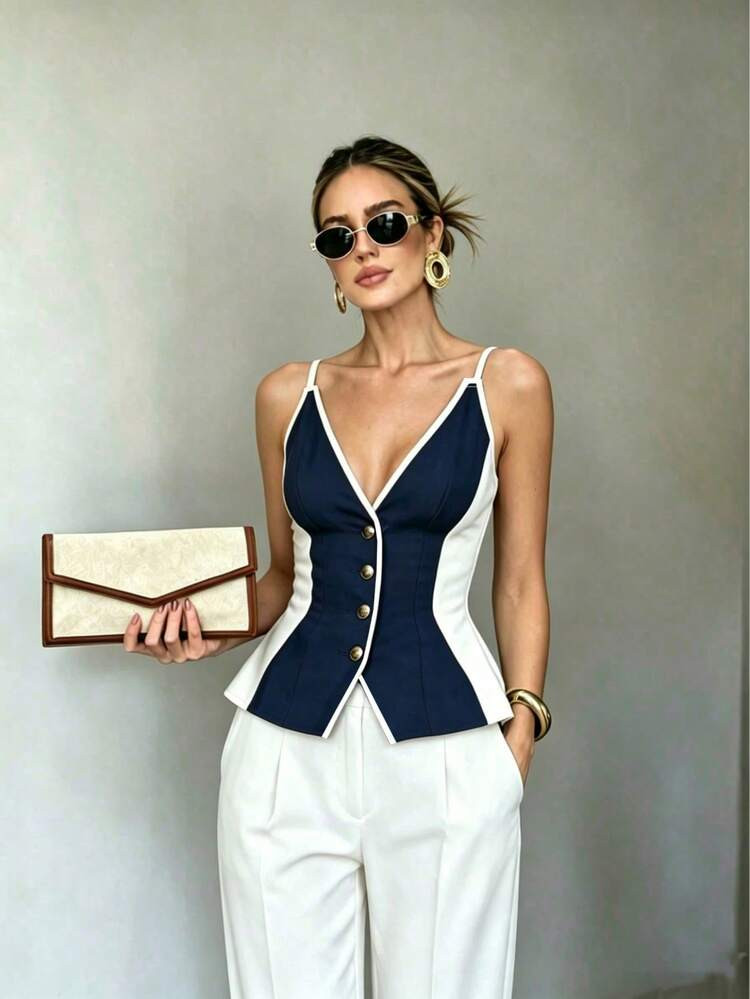 Women Summer Elegant Casual Blue White Color Block Spaghetti Strap V Neck Button Front Peplum Top... | SHEIN