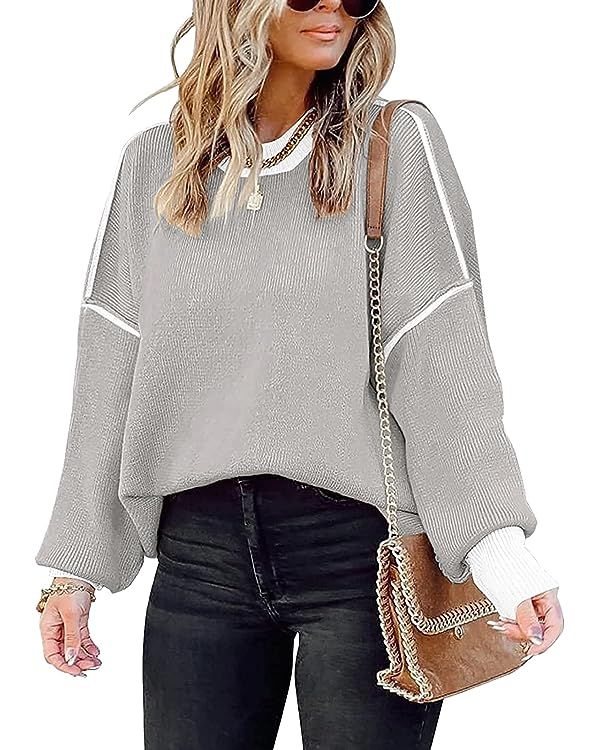ETCYY Oversized Sweaters for Women Fall 2023 Trendy Crewneck Batwing Long Sleeve Knit Tops Side S... | Amazon (US)
