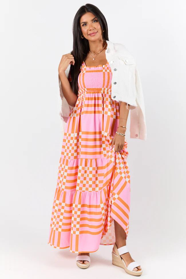 Get The Check Pink and Orange Printed Checkered Maxi Dress | Pink Lily