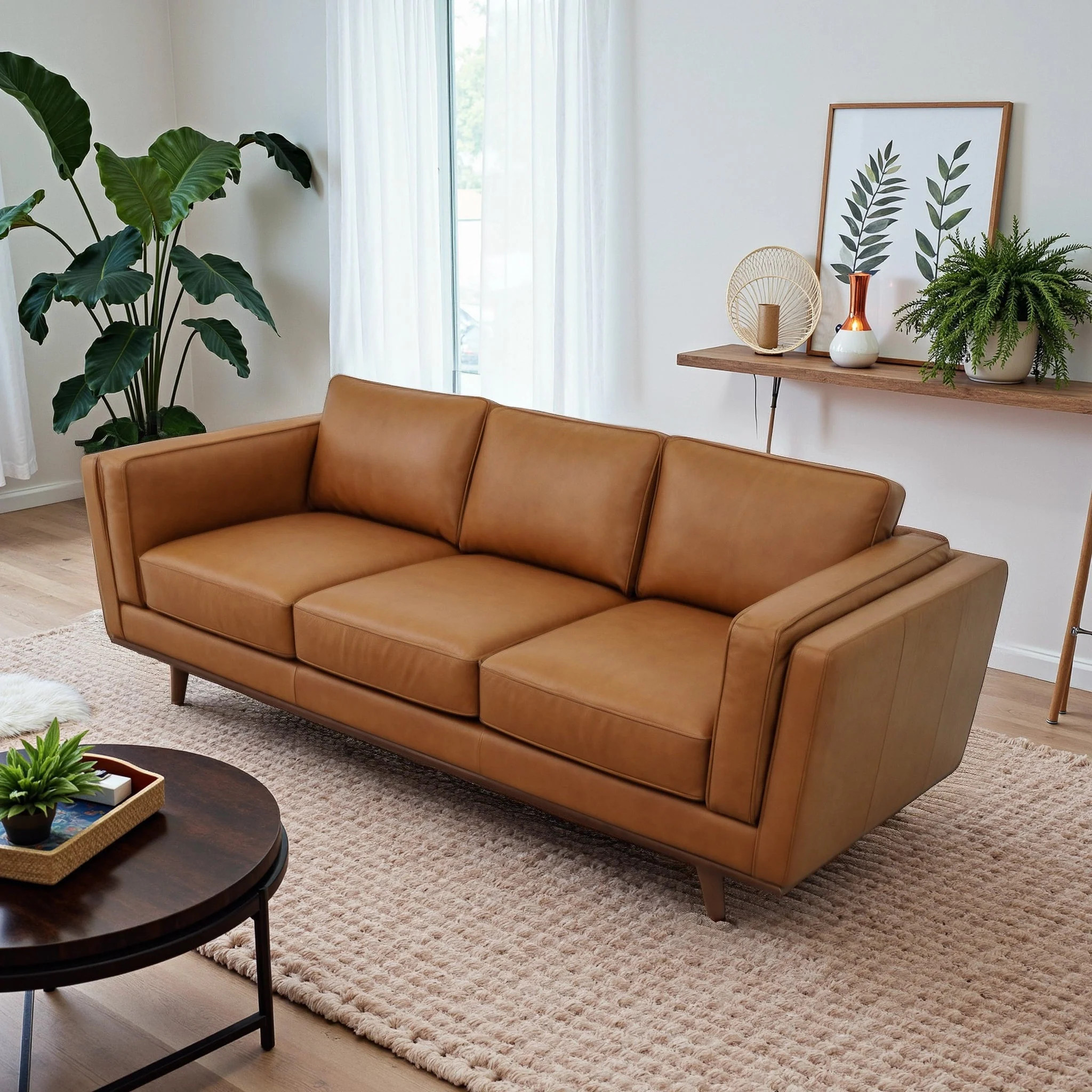 GDFStudio Chase Mid-Century Modern Genuine Leather Upholstered 3-Seat Sofa-Tan | 345000 | Lowe's