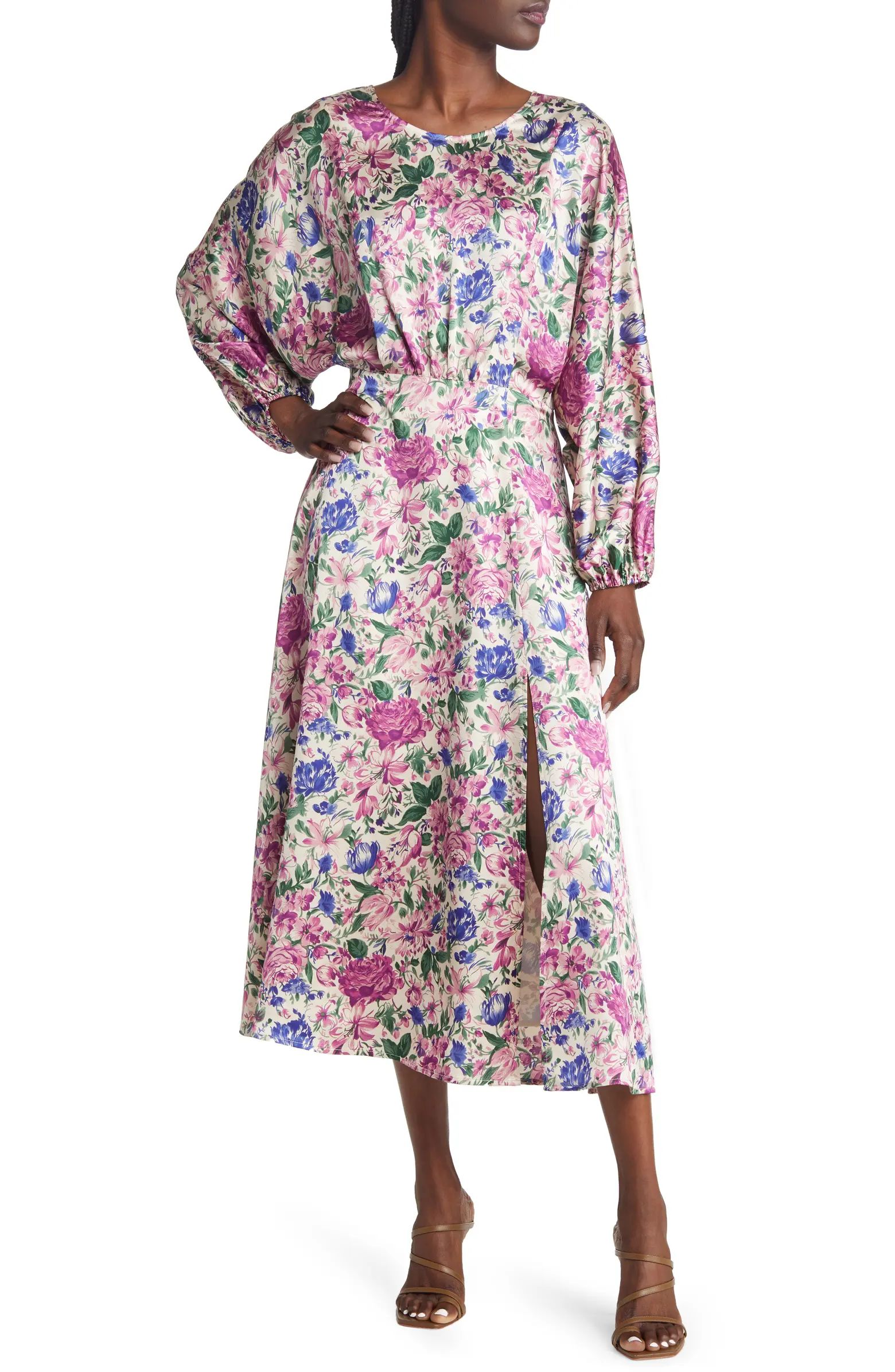 Floral Print Long Sleeve Satin Dress | Nordstrom