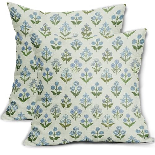 Sivirary Blue Green Block Print Pillow Covers 24x24 Inch Set of 2, Vintage Floral Spring Decorative Throw Pillow Cases Boho Cushion Covers Rustic Decoration Gift Farmhouse Sofa Couch Bed Decor | Amazon (US)