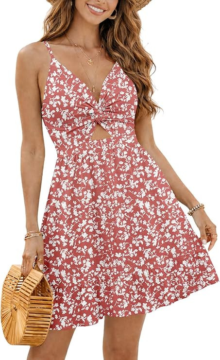 IHOT Women's Summer Floral Sundress V Neck Spaghetti Strap Twist Front Cutout A-Line Ruffle Hem C... | Amazon (US)