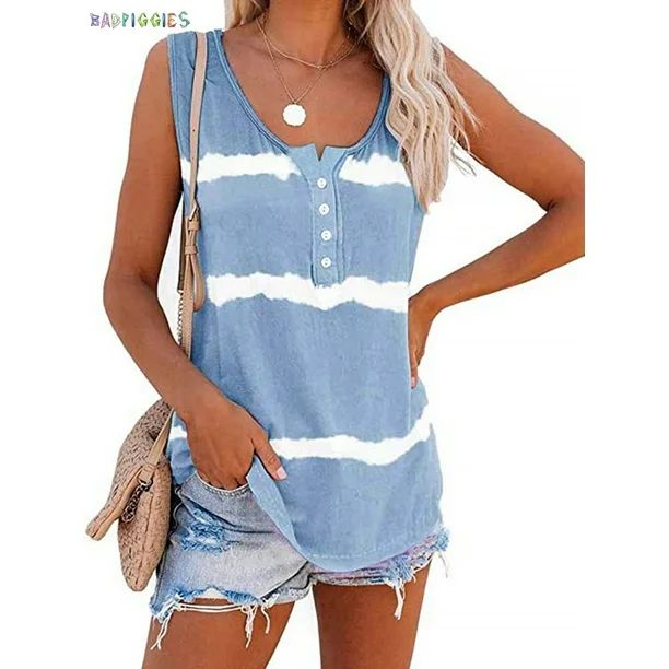 BadPiggies Women's Summer Boho Tie Dye Sleeveless Tank Tops Button Blouse Loose Casual Striped Ve... | Walmart (US)