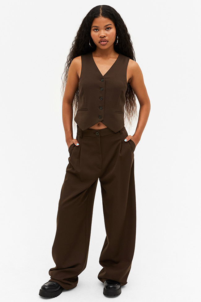 High waist wide leg trousers dark brown | Monki