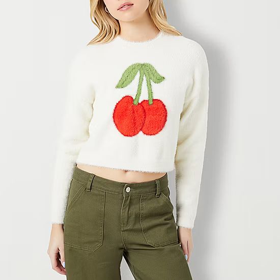 Forever 21 Juniors Cherries Cropped Womens Crew Neck Long Sleeve Pullover Sweater | JCPenney