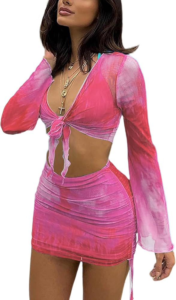 Balimtoy Women's Sexy Skirt Sets 2 Piece Outfits Long Sleeve Sheer Mesh Cover Up Dress Suit Crop ... | Amazon (US)