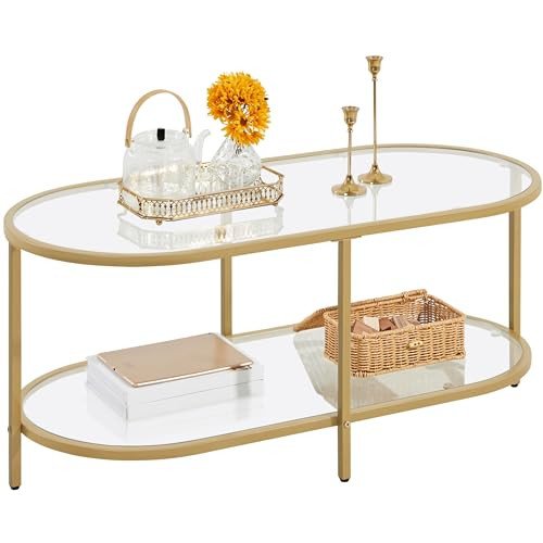 Yaheetech Gold Coffee Table, 42" Oval Glass Coffee Table for Living Room, 2-Tier Center Tea Table with Storage Shelf & Metal Frame for Small Space, Office | Amazon (US)