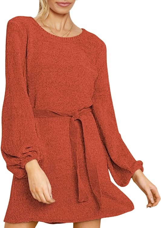 HAPCOPE Women's Chenille Sweater Dress Mock Neck Lantern Long Sleeve Dresses with Belt | Amazon (US)