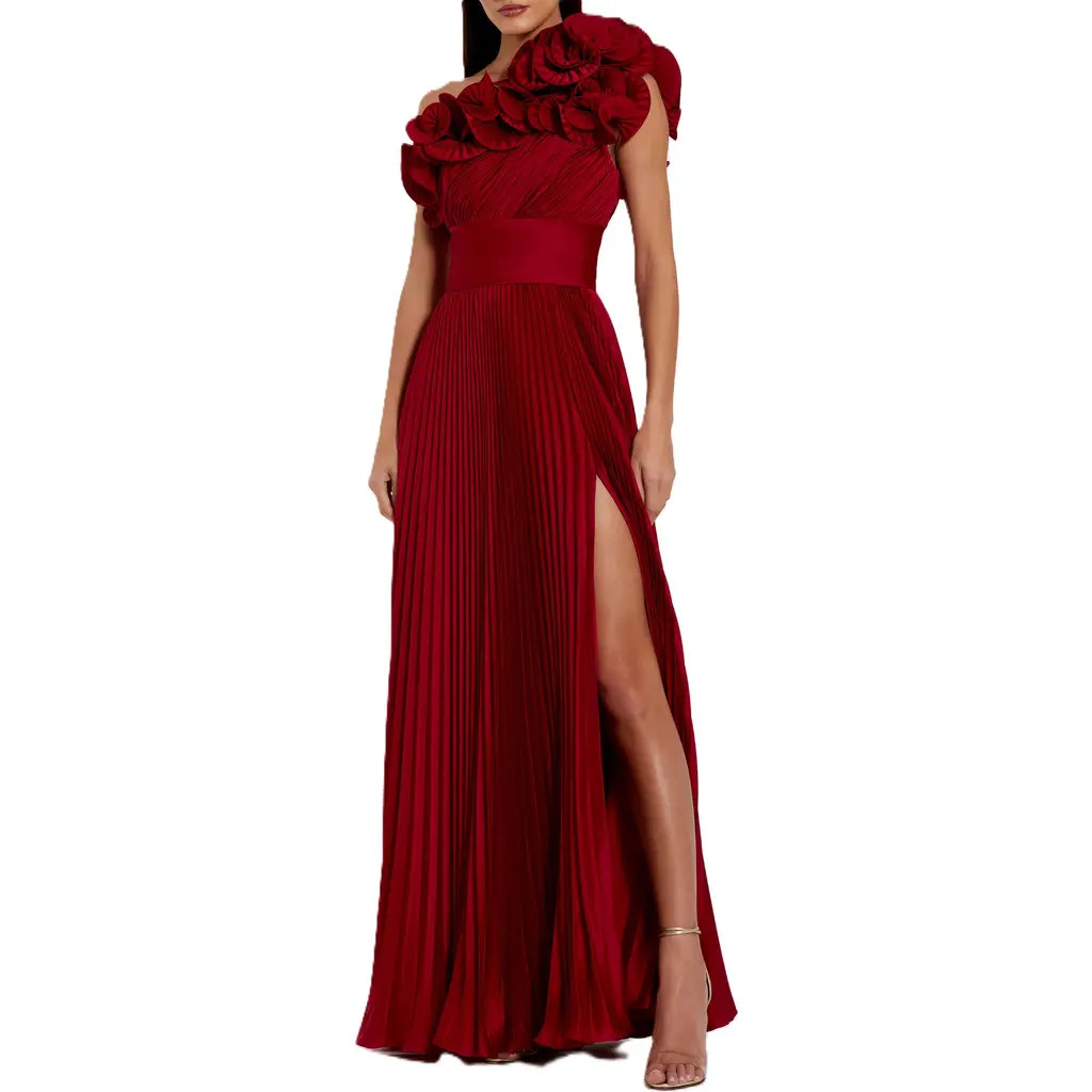 Mac Duggal Pleated Charmeuse One Shoulder Ruffle Gown in Red at Nordstrom, Size 4 | Nordstrom