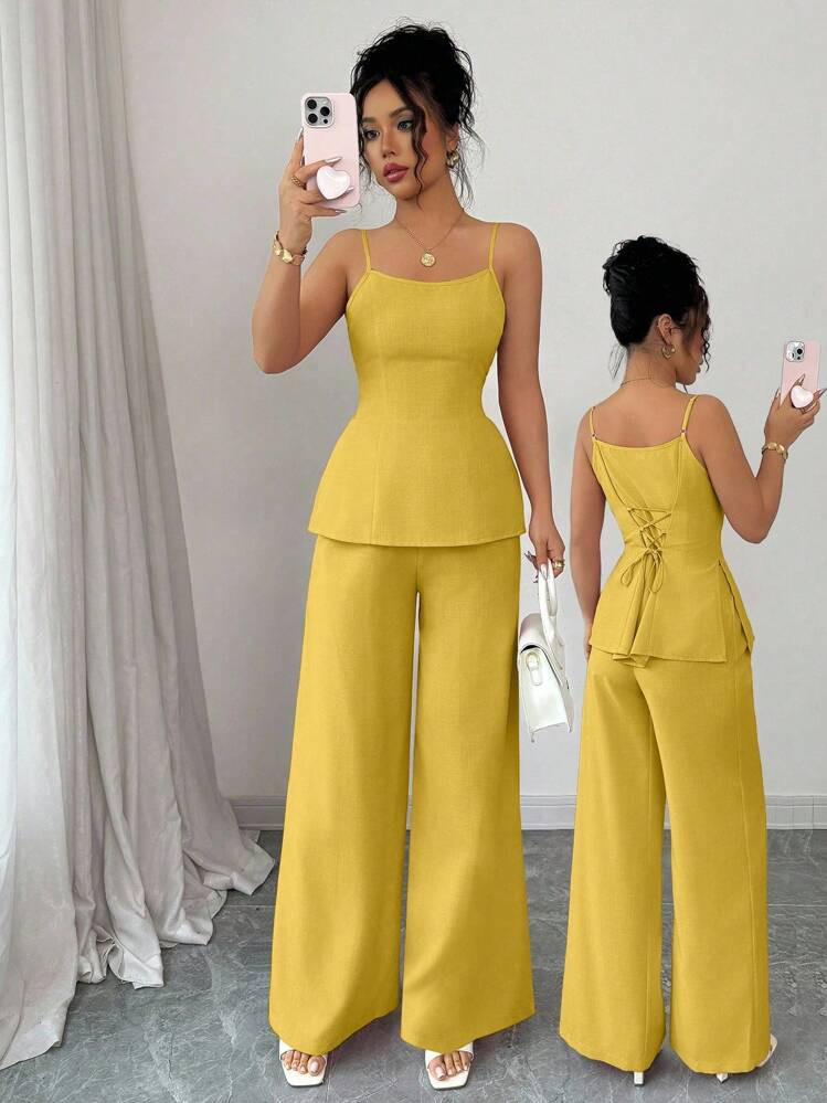 Elenzga Women's 2 Pieces Set Summer Bamboo Knot Camisole And Pants Suit, Fashion Split Hem, Sleeveless Top And Trousers, Soft Fabric, Comfortable For Commuting And Vacation, Stylish & Elegant | SHEIN