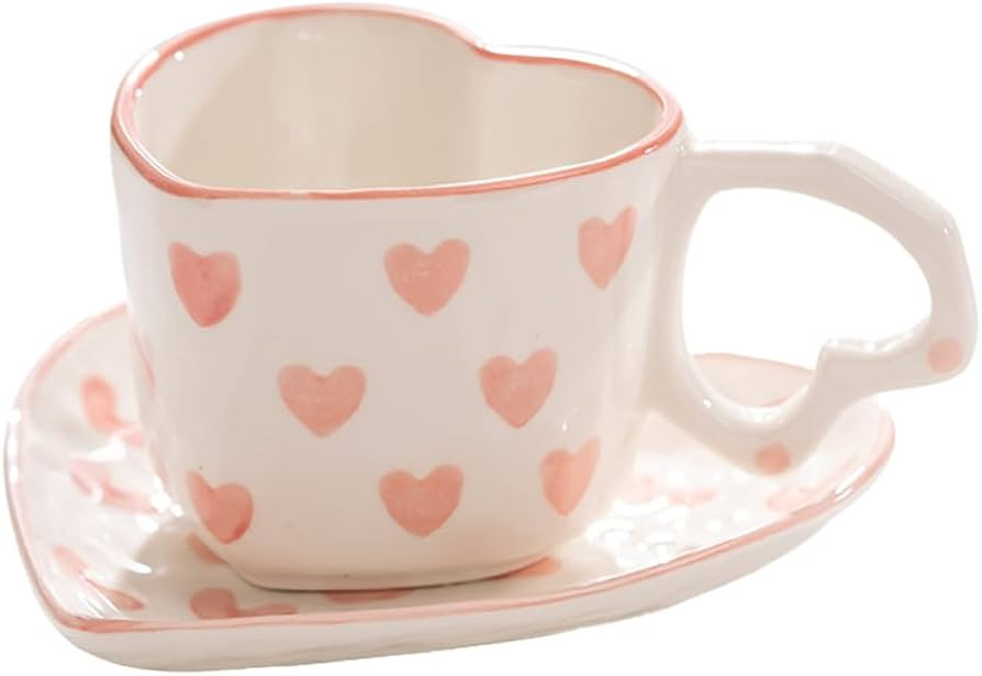 WAIT FLY Heart Shaped Ceramic Coffee Mug Set with Saucer, Tea Cup, Breakfast Cup, Dessert Plate-P... | Amazon (US)