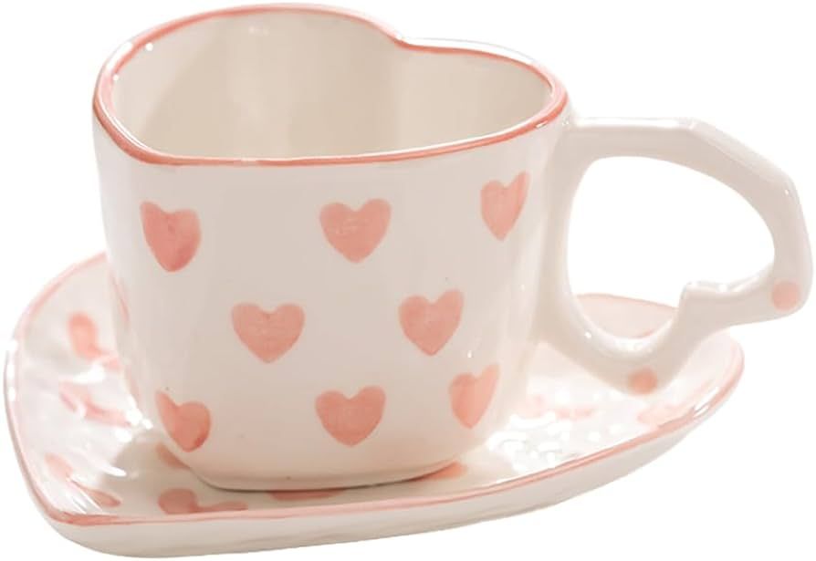 WAIT FLY Heart Shaped Ceramic Coffee Mug Set with Saucer, Tea Cup, Breakfast Cup, Dessert Plate-P... | Amazon (US)