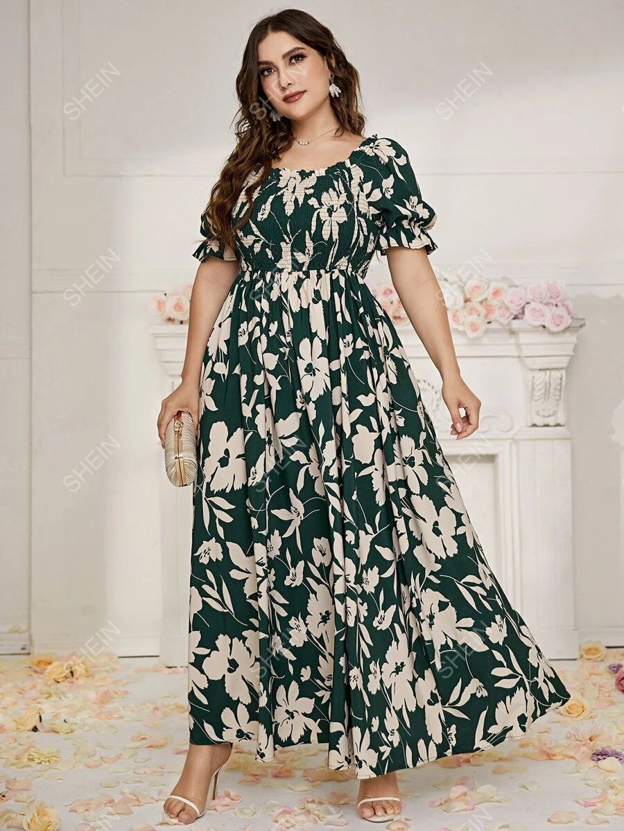 SHEIN Clasi Plus Floral Print Flounce Sleeve Shirred Frilled Dress | SHEIN