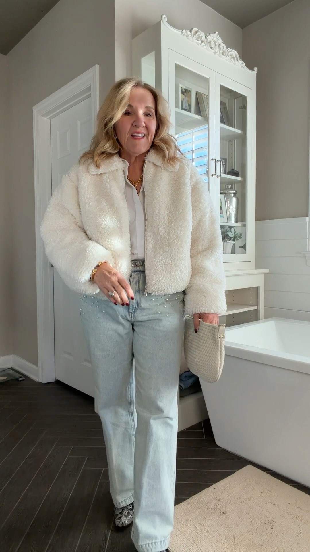 @loft new arrivals 
True to size 
The tuxedo blouse runs a bit oversized 
Coat medium petite 
Jeans 29 petite 
You can order online and pick up in store! 
Winter coat New Year’s Eve outfit winter neutrals 

#LTKOver40 #LTKSaleAlert #LTKHoliday