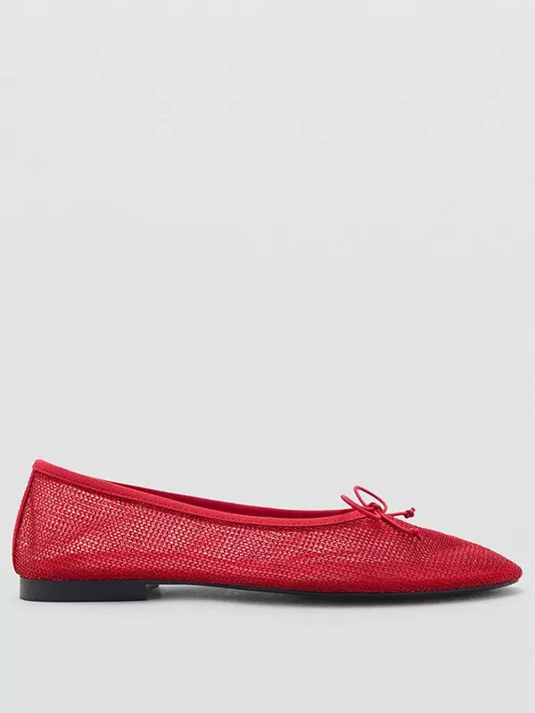 Mango Mesh Bow Ballerina Flats - Red | Very (UK)