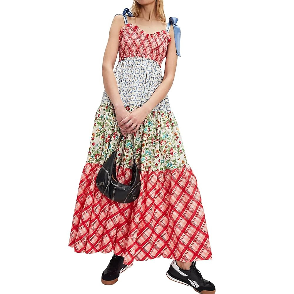 Women Floral Boho Sundress Tie Shoulder Smocked Patchwork Flowy Maxi Dresses with Pockets Summer ... | Amazon (US)