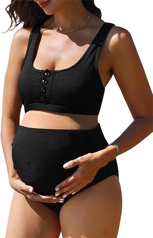 Summer Mae Maternity Ribbed High Waist Swimsuit Crop Top Bikini Bathing Suit High Cut Two Piece P... | Amazon (US)