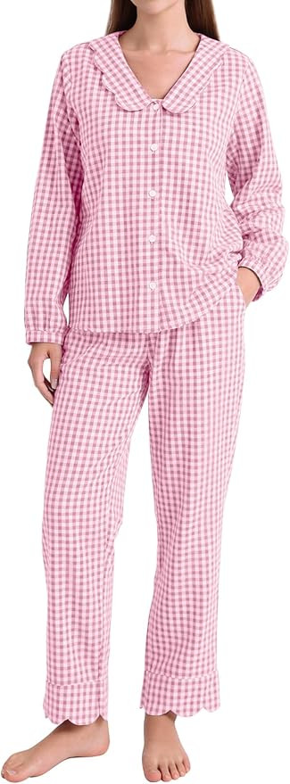PEHMEA Women's Plaid Pajamas Set 2 Piece Cotton Gingham Sleepwear Puff Sleeve Scalloped Babydoll ... | Amazon (US)