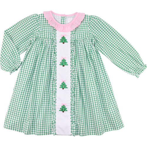 Green And Pink Windowpane Embroidered Christmas Tree Dress | Cecil and Lou
