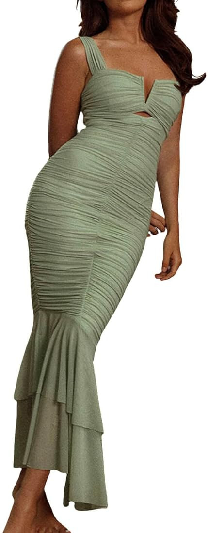 CHARTOU Women's Sleeveless Strappy Prom Party Evening Ruched Bodycon Mermaid Fishtail Maxi Dress | Amazon (US)