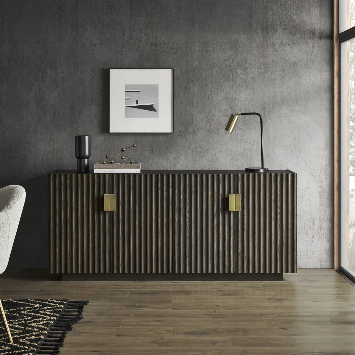 Dark Brown Sideboard | Sloane by Castlery - Brown Finish, Fluted Panels, Brushed Brass Accents | Castlery US