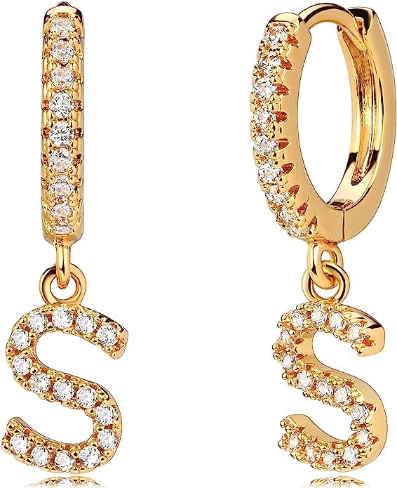 Mevecco 18K Dainty Gold Filled Pave Cubic Zircon Letter Charm Huggie Hoop Earrings Wear Initials ... | Amazon (US)