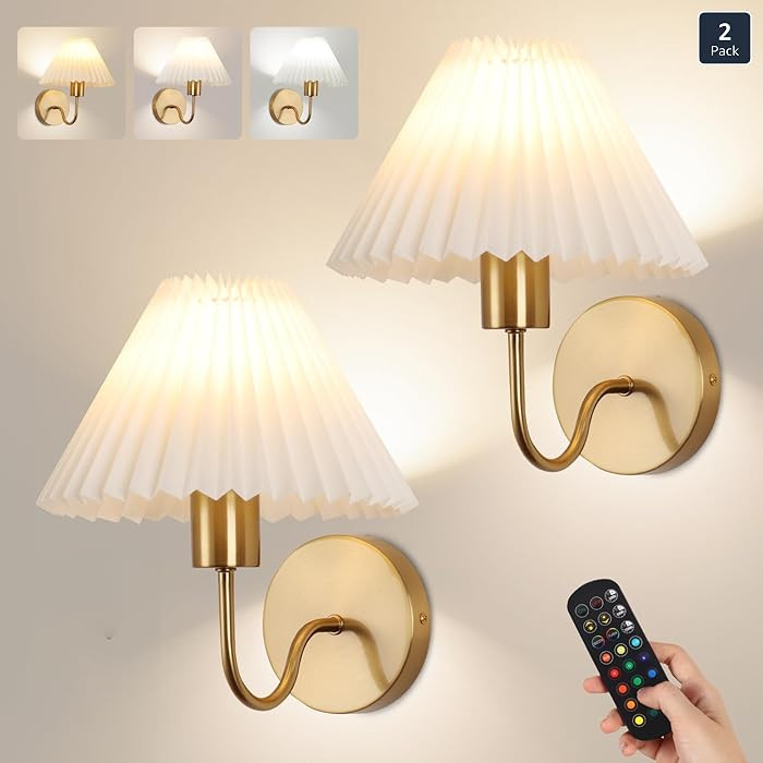 Juego de 2 apliques de pared inalámbricos, pantallas plisadas recargables que funcionan con bate... | Amazon (US)