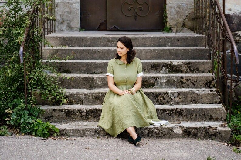 Apple Green Linen Dress for Women, Classic Short Sleeve Midi Dress, Bridesmaid Collars Linen Flax... | Etsy (US)