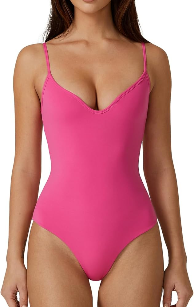 QINSEN Womens Sexy Sweetheart V Neck Bodysuit Tops Spaghetti Straps Slim Fit Fashion T Shirts | Amazon (US)