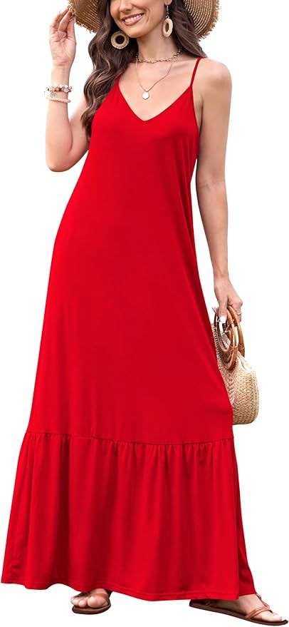 Naggoo Women's Summer Maxi Dress Casual V Neck Spaghetti Strap Beach Dress Flowy Swing Long Sundr... | Amazon (US)
