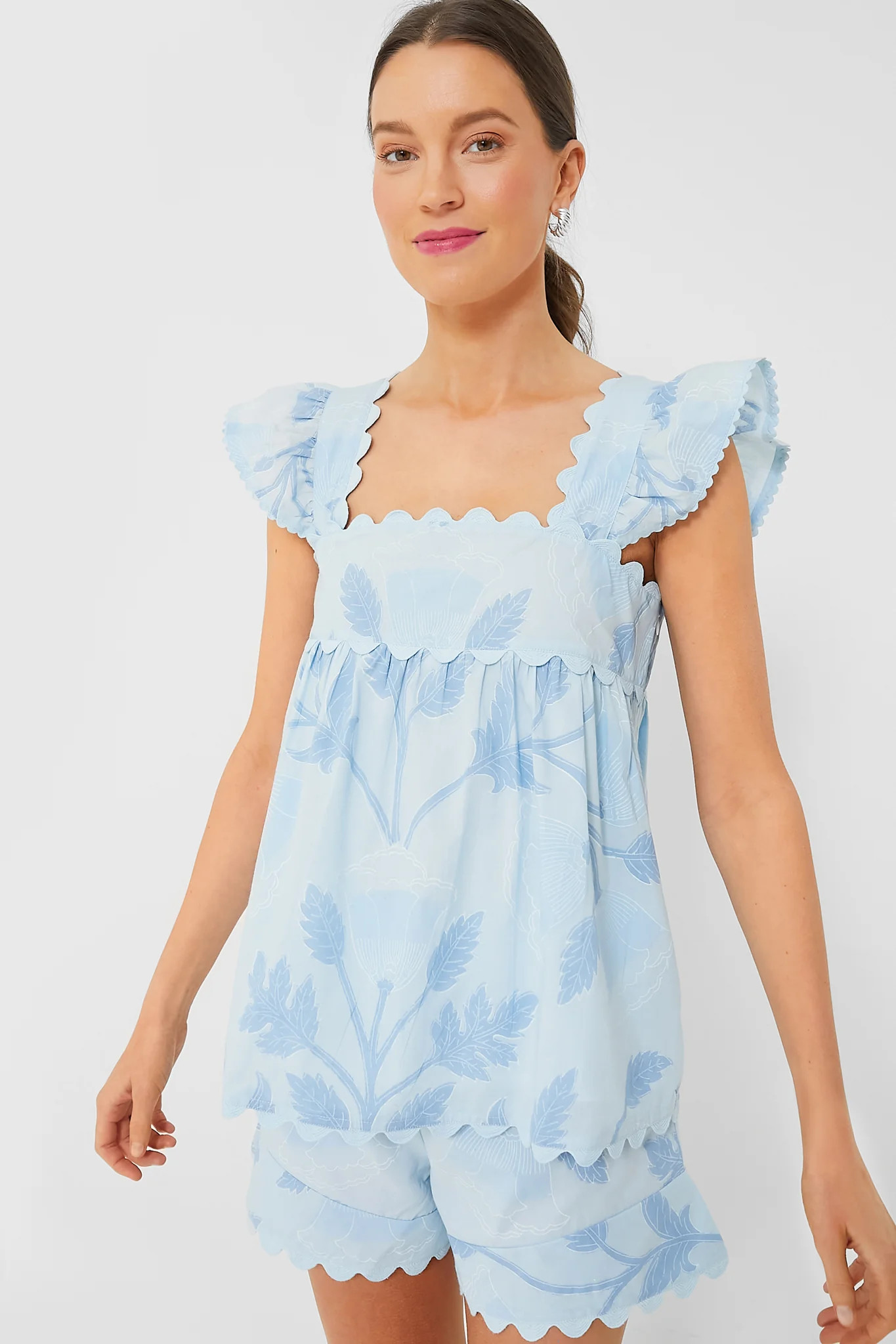 Pale Blue Baby Doll Top with Bellflower Block Print | Tuckernuck (US)
