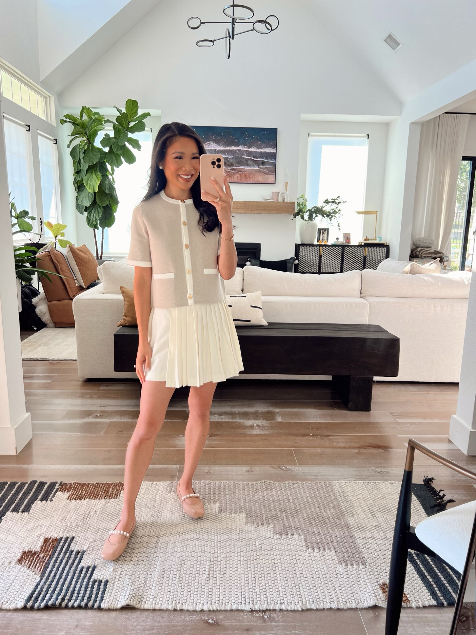 Summer transitioning to fall outfit with button up short sleeve cardigan in size XS paired with cream skirt in size XS that are both 15% off! Paired it with pearl nude flats for a chic look 

#LTKStyleTip #LTKSaleAlert #LTKxAF