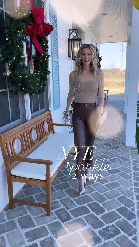Amazon Pearl sheet top styled two ways for New Year’s Eve! New Year’s Eve outfit idea! I love these brown leather pants with this Amazon Pearl rhinestone top. It looks equally as great with my tweed black metallic skirt and polka dot tights! #ltkseasonal #ltkholiday 

#LTKstyletip #LTKunder50 #LTKunder100
