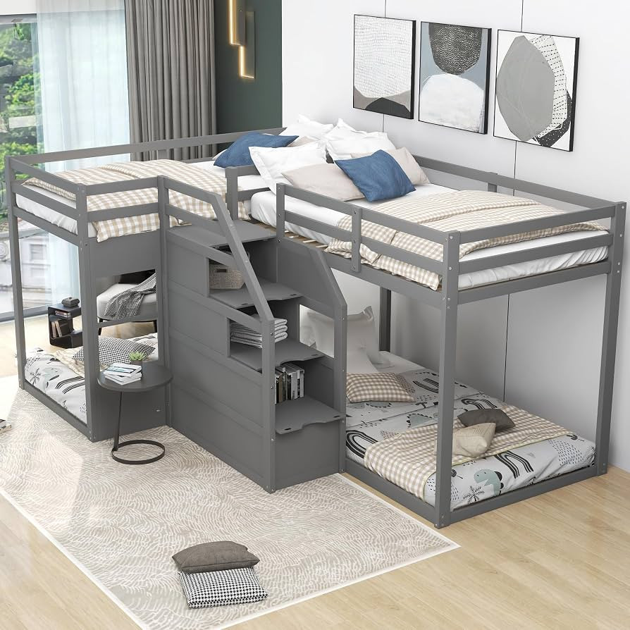 Harper & Bright Designs L Shaped Bunk Bed for 4, Wood Quad Bunk Bed with Stairs, for Kids Teens A... | Amazon (US)
