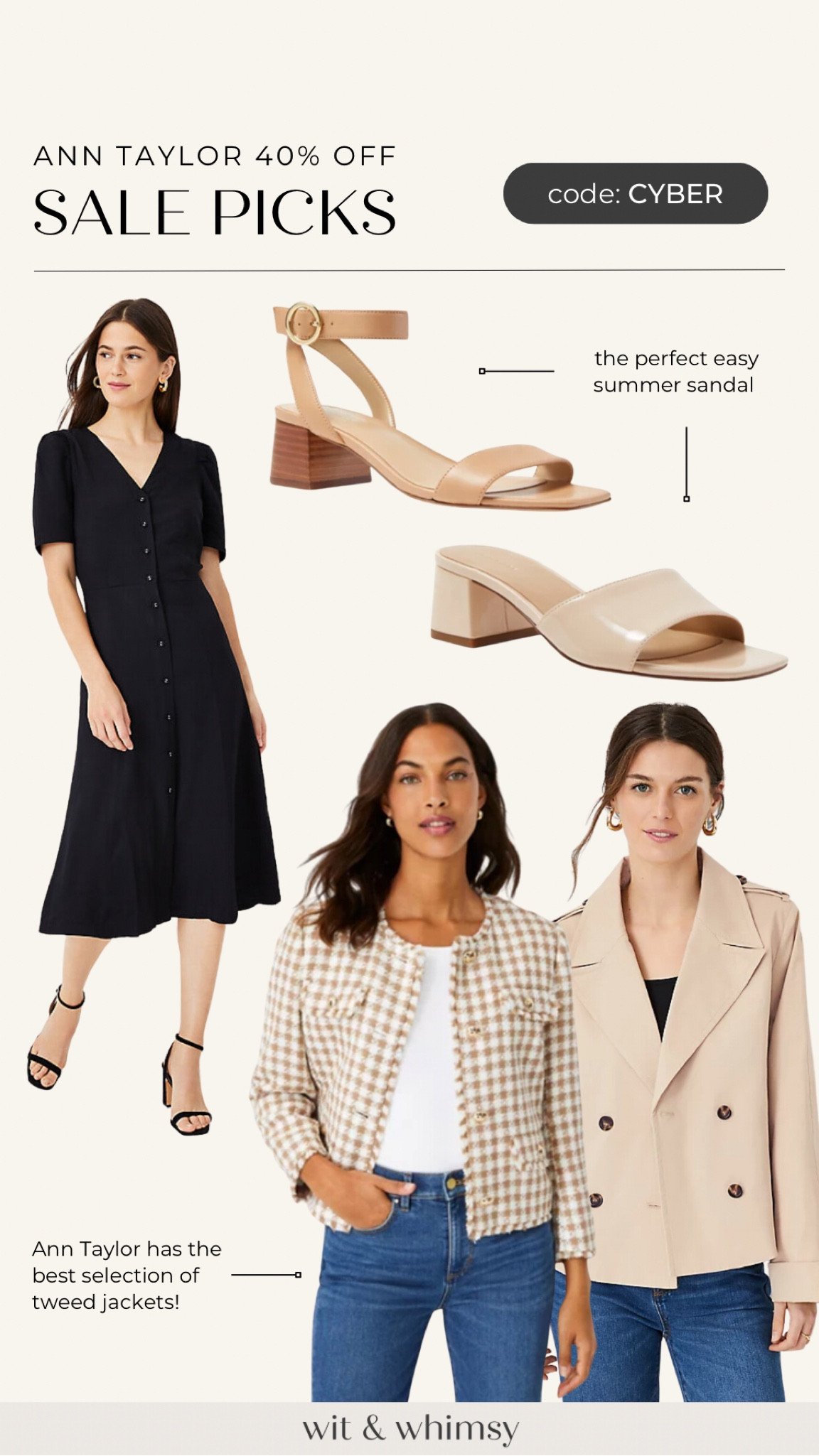 Ann Taylor sale picks (ends Sunday night):
Black button up dress
Cropped trench jacket
Tweed jacket
Block heel sandals 

Summer style
Classic summer outfit 

#LTKshoecrush #LTKsalealert #LTKSeasonal