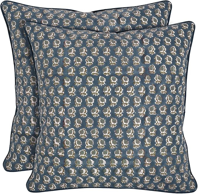 Ridhi Block Print Peacock Blue Pillow Cover 20" x 20" (Pack of 2) Decorative Couch Pillows for Li... | Amazon (US)