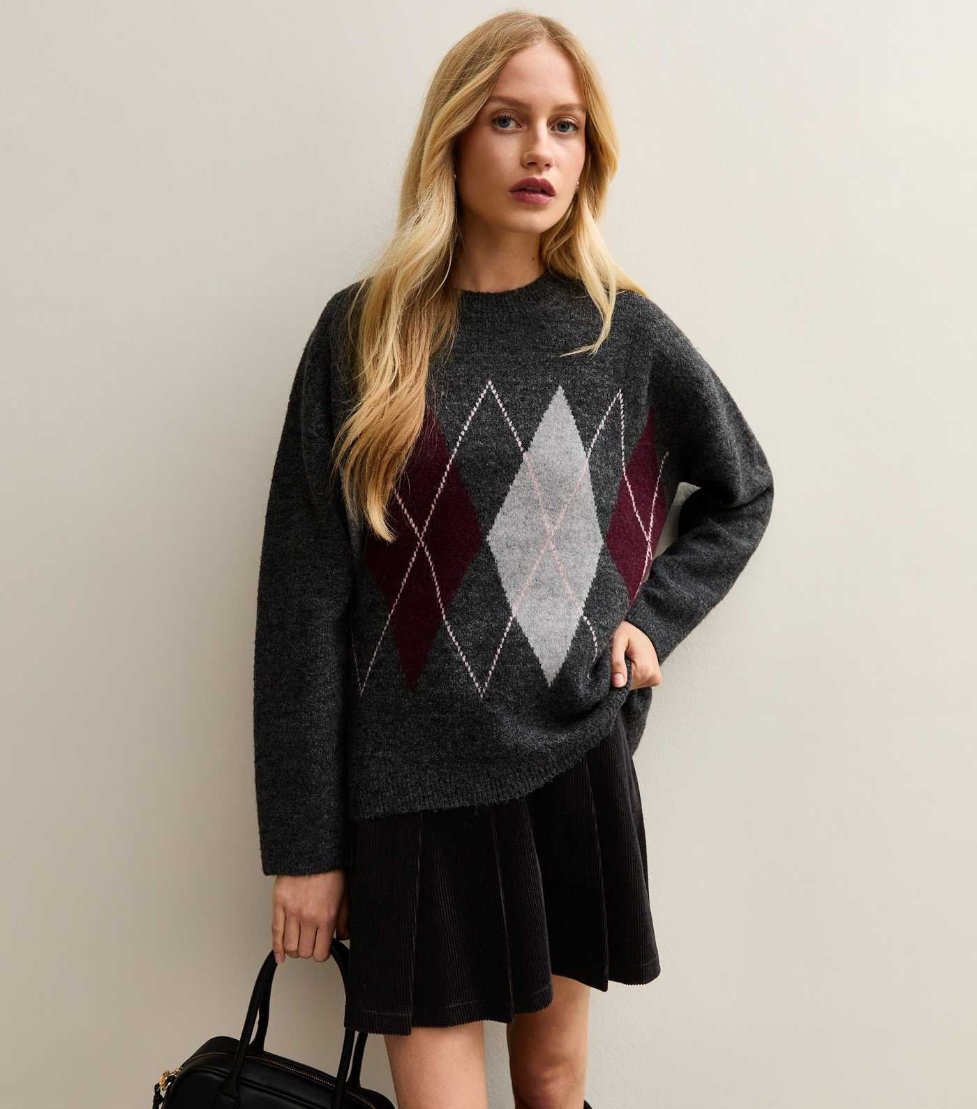 Dark Grey Argyle Knit Oversized Jumper | New Look | New Look (UK)