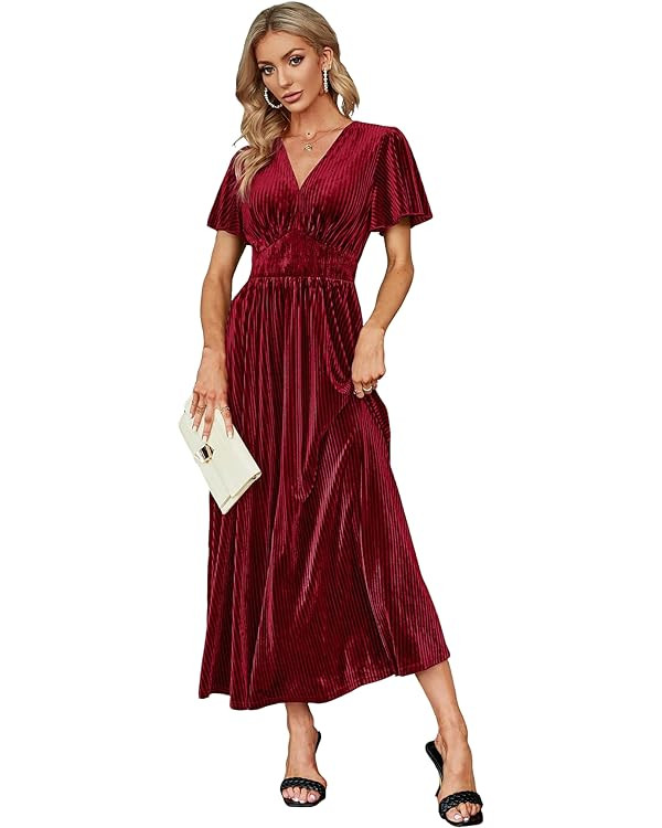 Simplee Women’s V Neck Velvet Maxi Dress Short Sleeve Empire Waist Long Formal Dress for Weddin... | Amazon (US)
