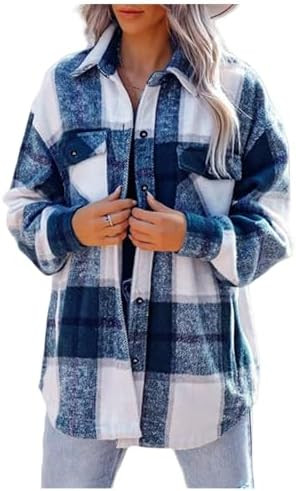 Plaid Shacket Jacket for Women Button Down Long Sleeve Shirts Coat Loose Fall Winter Flannel Outw... | Amazon (US)
