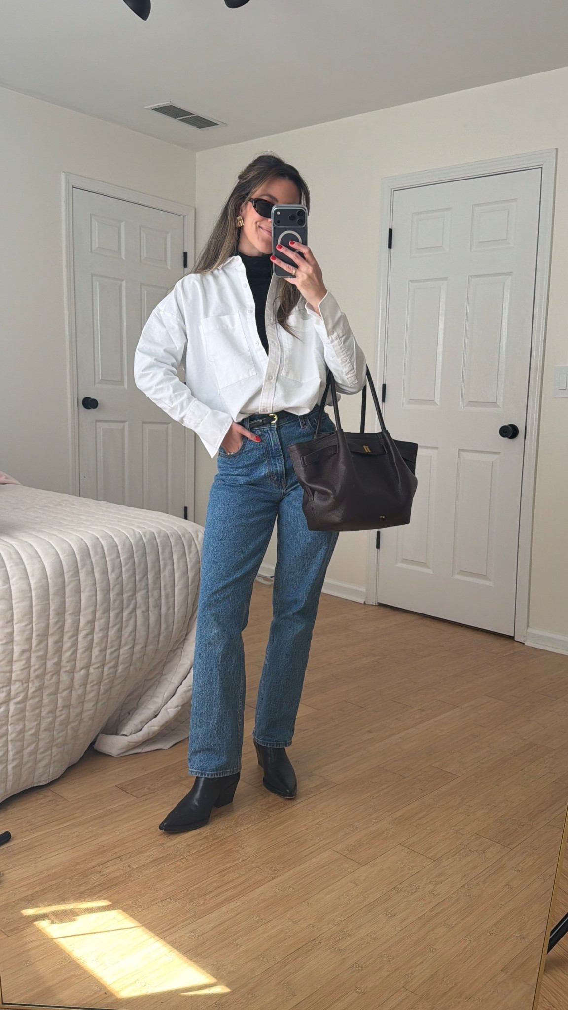 Mom ootd 

Everlane boxy Oxford
Abercrombie high rise straight (25S)
Dolce vita rutger boots 
Jw pei Hana tote 

#LTKootd #LTKdayinmylife #LTKmomlife