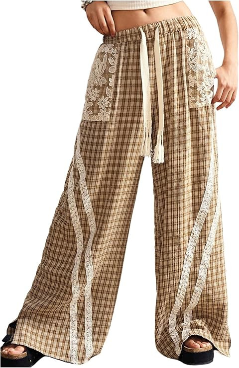 Women's Gingham Wide Leg Pants Elastic Waist Stripe Baggy Pants Floral Lace Casual Plaid Trousers... | Amazon (US)