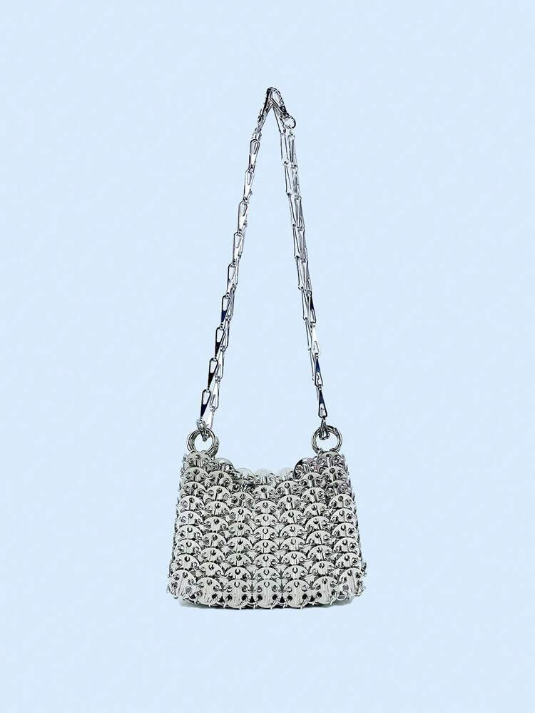 24pcs Handmade Shiny Sequins & Sequin Embellished Crossbody Bag With Detachable Strap, Silver Color, Women | SHEIN